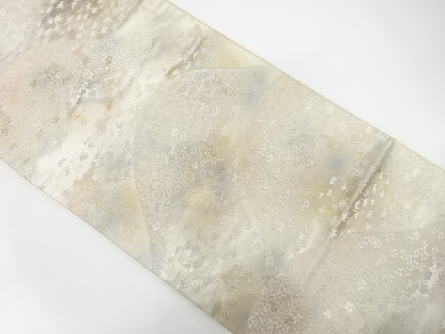 JAPANESE KIMONO / ANTIQUE FUKURO OBI / SILK / WOVEN MOUNTAINS & SMALL FLOWERS & BAMBOO GRASS